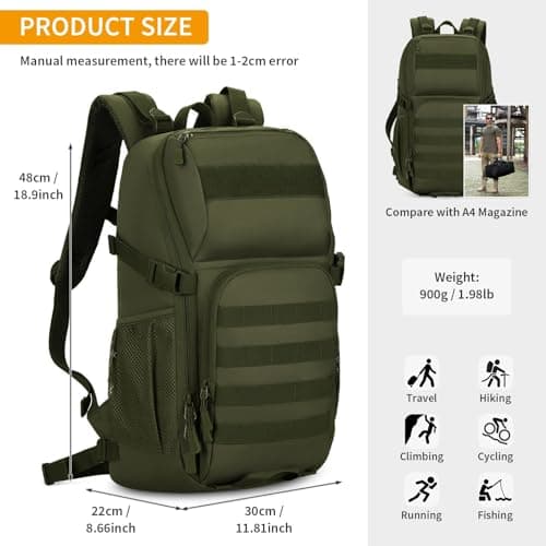 Huntvp Military Backpack 25L, Tactical Rucksack Mens Backpacks Travel Ruck sacks Adult Men, Molle Assault Pack Rucksacks Laptop Backpacks for Hiking Camping Trekking Hunting Traveling (Army Green-25L) — view 3
