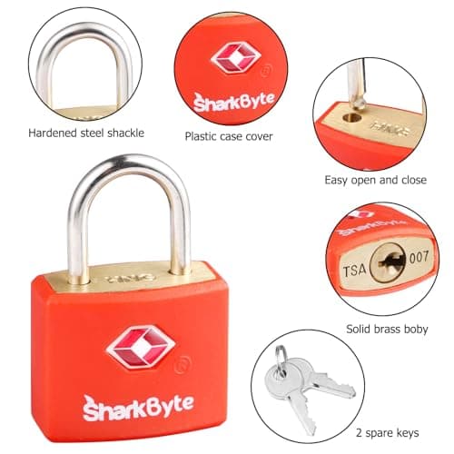 SharkByte TSA Luggage Locks with Keys [2 Pack] Key Travel Locks, Suitcase Padlock for Luggage, Small Keyed Luggage Locks Brass for Gym Lockers, Laptop Bags, Suitcases, Backpacks, Travel Bags Zippers — view 2