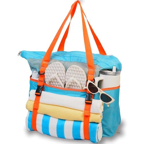 kokkoya Blue 40L Large Mesh Beach Bag with Zip for Family Pool & Travel