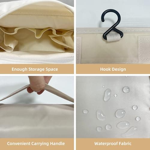 Travel Cosmetic Bag, Hanging Cosmetic Bag for Women, Personal Toiletries Organizer, Travel Bathroom Accessories Organizer with Hooks, Beige — view 3