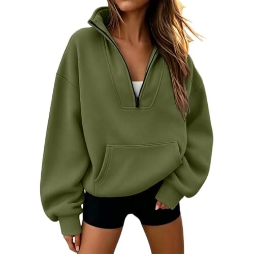 HOT1950s Army Green Sweatshirts for Women Uk Quarter Half Zip Pullover Oversized Hoodies Fall Winter Fleece Jackets Sweaters Mock Neck Workout Jackets Cute Travel Coat Homecoming Outfits Size L