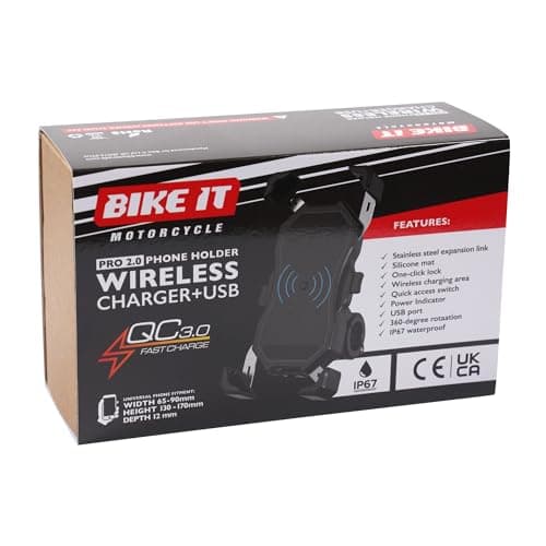 Bike It Motorcycle Phone Holder with Wireless Qi 15W & USB QC3.0 Charger – Waterproof Handlebar/Mirror Mount – 360° Rotating – Fits 3.5–6.8" Smartphones — view 6