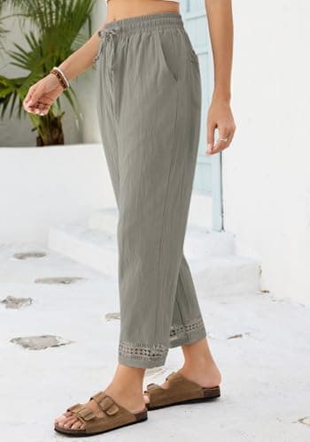 Famulily Womens Light Weight Cotton Trousers for Travel Cropped Linen Wide Leg Lounge Pants with Pockets (M,Grey Coffee) — view 2