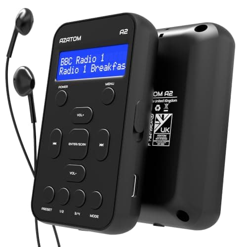 Portable DAB/DAB+ & FM Digital Radio | Sports Earphones Included | Clear Digital Display | Rechargeable Battery (10-12 Hours) | Perfect for Sports, Hiking or Working | AZATOM A2 (Black)