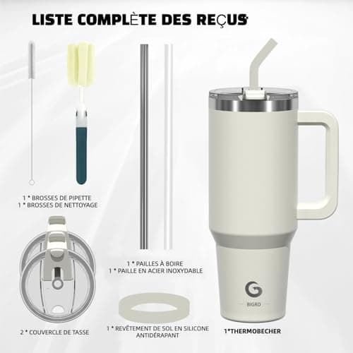 BIGRD Insulated Coffee Cup Travel Mug with Handle and Straw 40oz,Stainless Steel Double Wall Vacuum Leak Proof Water Bottle for Cold Hot 1.2L,BPA-Free,Beige — view 5