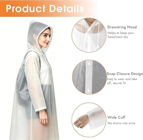 JXJIUA 2 Pack Rain Ponchos for Men/Women Adult Waterproof Reusable Emergency Raincoats with Hood and Drawstring -Lightweight White — view 3