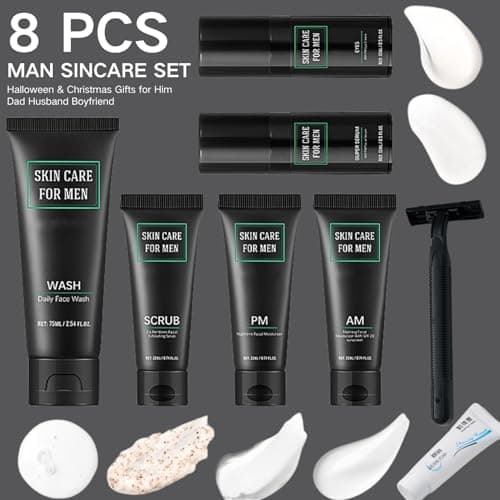 8pcs Men’s Skin Care Set, Anti-Aging Mens Skin Care Kit with Face Wash, Scrub, Moisturizer, Eye Cream, Serum & Shaving Kit for Wrinkle Defense, Firm Skin Protection Halloween & Christmas Gifts for Him — view 2