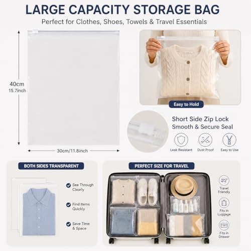 20 Pcs Ziplock Bags, 40 X 30cm Large Travel Clothes Storage Bags Reusable Clear Storage Bags with Zip Lock Seal Bag Waterproof Luggage Organiser for Clothes Shoes Cosmetics Offices Supplies — view 2