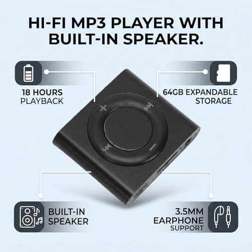 Cocoarm Portable MP3 Player with Speaker Aluminum Alloy Music Player HiFi Sound 18 Hour Playback 64GB Card Support 3.5mm Earphones for Students Running Travel (Black) — view 2