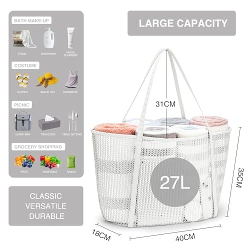 KALIDI FANCY FOREST Foldable Mesh Beach Bag with Zip, 27L Large Mesh Tote Bags for Women Ladies Summer Beach Tote Bag for Holiday Travel,White — view 4