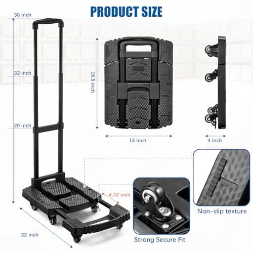 Folding Trolley on Wheels, 225Kg Heavy Duty Extendable Sack Truck/Sack Barrow with 6 Wheels (2 with Brake) & 2 Elastic Straps - Compact for Moving, Luggage, Garden Plants, Camping (jet black) — view 2