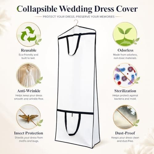Hanging Wedding Dress Bag 180x60x30cm, Bridal Gown Garment Cover Storage Bag, Full Length Travel Protector for Bridal Dress, Long Clothes Storage Cover, Dust Proof Garment Bag with Zipper for Women — view 4