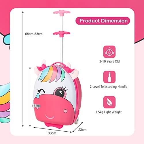GYMAX Kids Luggage, 16" Children Hand Trolley Case with LED Wheels, Boys Girls Carry On Suitcase for Travel School (Pink) — view 6