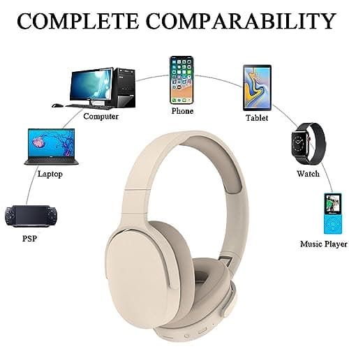 YiYunTE Headphones Wireless Bluetooth Over Ear Headphones Noise Cancelling On Ear Headphones Over Head Wired Headphones with Microphone Jack Foldable Headphone Beige Headset for Gaming Gym PC Laptop — view 6
