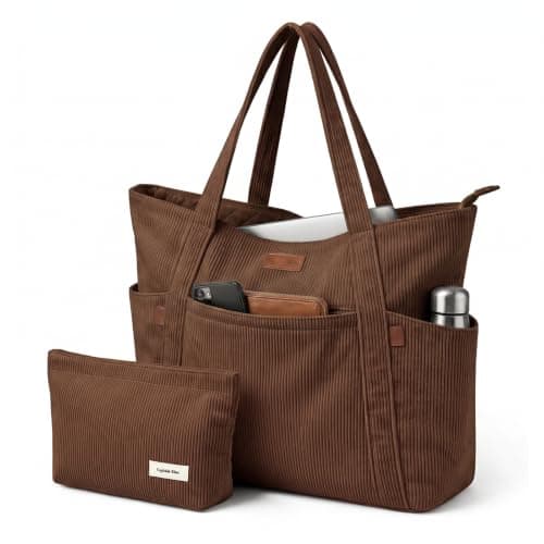 Captain Blues Tote Bag for Women with Zip, Large Capacity Work Bag with Compartments & Pockets, Soft Cotton Lining, Beach Bag for College, Teacher, Uni, School, Travel, Shopping (Brownish)