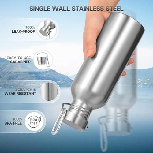 Volhoply 1000ml Uninsulated Single Walled Water Bottle, Stainless Steel Sports Water Bottles with Handle & Carabiner, BPA Free Lightweight Water Bottles for Hiking, Biking, Running（Silver,1） — view 5