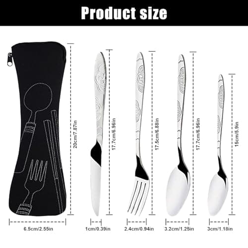 4Psc Cutlery Set with Portable Pouch Case, Stainless Steel Flatware Camping Utensil Set Knife, Fork, Spoon, Reusable Flatware Sets Knife for Outdoor Travel Picnic Office School Lunch Box — view 3