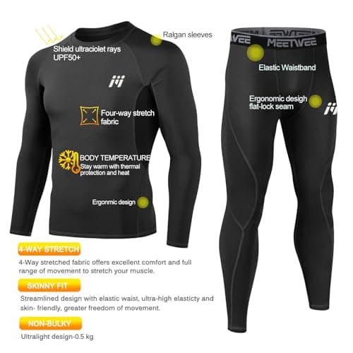MEETWEE Men's Thermal Underwear Set, Winter Long Sleeve Base Layer Quick Dry Long Johns Compression Suit for Workout Skiing Running Hiking, XXL, Black — view 2