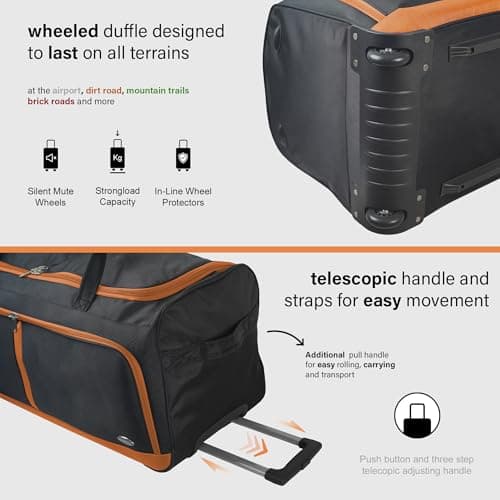 Aerostar 28" Medium Lightweight Duffle 2 Wheel Travel Bag Holdall Suitcase Check-in Luggage All Terrain (101L, Orange on Black) — view 3