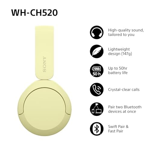 Sony WH-CH520 Wireless Bluetooth On-Ear Headphones, Sound, Lightweight Design, Up to 50hr Battery Life, Quick Charge, EQ, Clear Call Quality, iOS & Android - Yellow — view 2