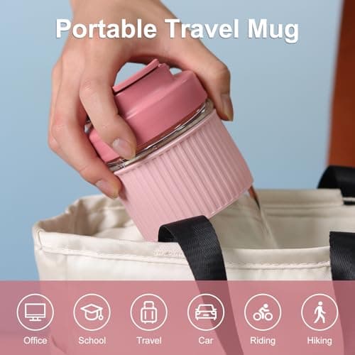 Sivaphe Reusable Glass Coffee Cup | 16oz/450ml Leakproof Travel Mug with Portable Metal Handle,Pink| Borosilicate Glass,Eco-Friendly,BPA-Free|Camping,Gifts,Car Mug,School — view 5