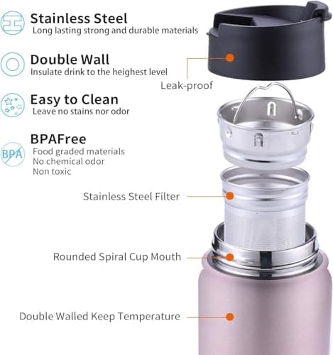 Sivaphe Tea Infuser Bottle Insulated Water Bottle Stainless Steel Drink Flasks Leak-Proof for Sports Outdoor, Double Walled Vacuum with Lids 500ml Rose Gold — view 4