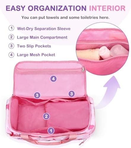 Overnight Bag for Kids, VASCHY Large Capacity Travel Duffle Bag for Girls Lightweight Holdall Bag Weekender Bag with Shoes and Seperated Dry Wet Compartment for School, Dance, Sport(Pink Dinosaur) — view 4