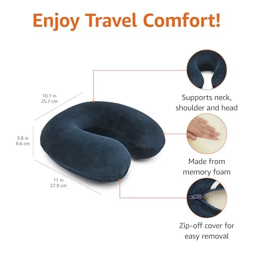 Amazon Basics Memory Foam Travel Neck Pillow with Removable Cover and Elastic Carrying Strap, Navy Blue, Semicircular — view 3