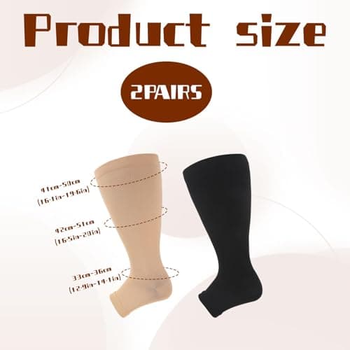 2 Pack Plus Size Wide Calf Compression Socks,20-30 mmHg Flight Socks for Women Large Calves,Toeless Open Toe Compression Socks for Women for Flight Athletic Nurse Support Travel, 3XL(Black,Skin) — view 2