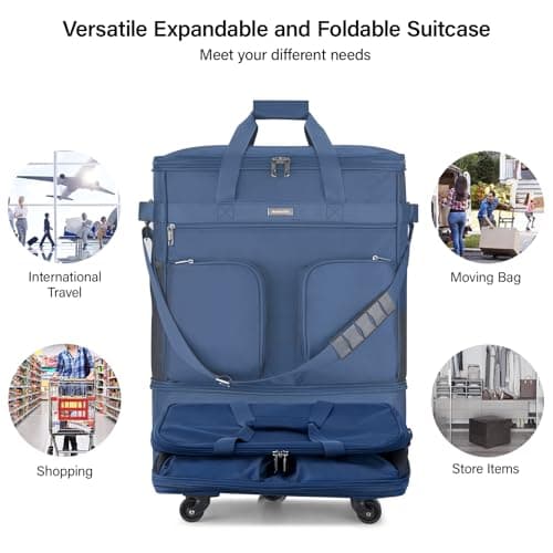 Hanke Expandable Large Suitcase 4 Wheels Lightweight Collapsible,Foldable Suitcases &Travel Bags Hand Luggage Extend 20/24/28 inch Suitcases Duffel Bag Without Telescopic Handle for Men & Women, Blue — view 4