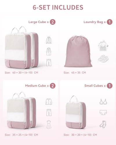 Narwey 6 Set Compression Packing Cubes for Suitcases, Travel Packing Cubes for Backpack Suitcase Organiser Bags Home Storage Shoes Bags for Carry on Hand Luggage Travel Essentials Bag (Pink) — view 3