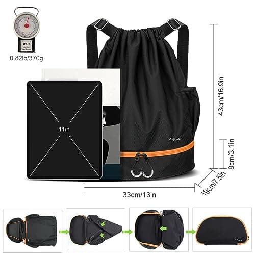 RYACO Drawstring Backpack Sports Gym Bag, Water Resistant String Sackpack Large Size with Zipper and Water Bottle Mesh Pockets for Gym Shopping Sport Yoga School Swimming Beach (Black & Orange) — view 4