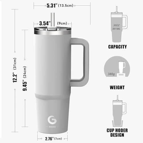 BIGRD 890ml Insulated Coffee Cup Travel Mug Double-Walled Stainless Steel Vacuum Leak-Proof Drinking Cup with Handle and Straw Thermal Tumbler,Grey — view 3