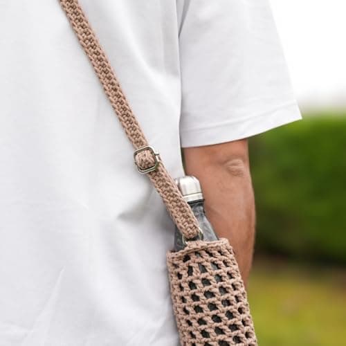 Handmade Recycled Cotton Crocheted Mesh Water Bottle Holder - Adjustable Shoulder Strap - Compatible with Bottles ≤1L | Lifestyle, Hiking, Festival & Travel — view 4
