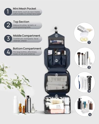 Carttiya Hanging Travel Toiletry Bag - Large Wash Bag for Men and Women, Waterproof Foldable Cosmetic Bag Make up Toiletry Bag with Hook for Business Trip, Gym, Vacation and Household (Dark Blue) — view 3
