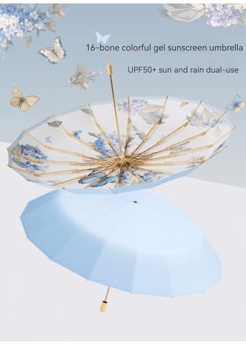 Meichoon Retro Sun Umbrella UPF50+ UV Protection Large 102cm/40in for 2 Person Upgrade Thickened Double-bone Fiberglass 16 Rib Waterproof Wind Resistant Folding Parasol for Women Travel Wood Handle — view 3