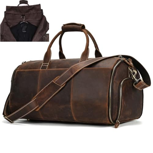 Leather Garment Bag for Men, Convertible Carry on Garment Duffel Bag for Travel Weekender Bag 2 in 1 Hanging Suitcase Suit Bag, 2201 Brown