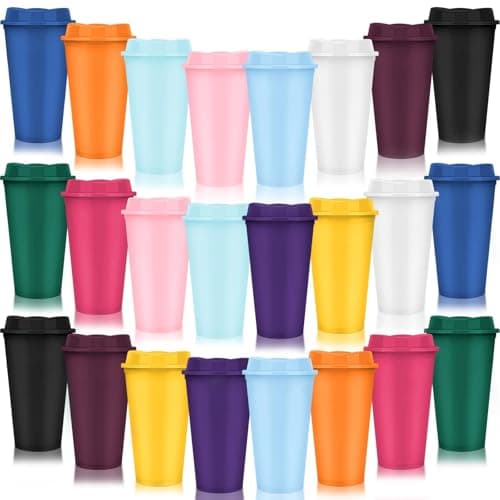 24 Pack 470ml Reusable Plastic Coffee Cups with Lids, 12 Colours, Leakproof
