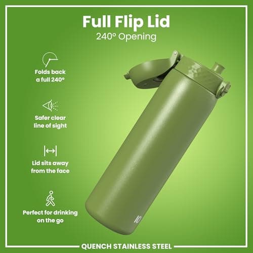 Ion8 Lightweight 1 Litre Steel Water Bottle, Non-Insulated, Leak Proof, Easy to Open, Secure Lock, Dishwasher Safe, Flip Cover, Carry Handle, Ideal for Travel & Active Lifestyles, Khaki Green — view 4