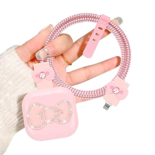 DiyGody Protector Set Compatible for iPhone 18/20W Charger Plug, Phone Charger Protective Cover for UK Apple Type-C/L Power Adapter, Data Cable Case Wire Saver with Cute Bow Tie Design for Girls, Pink