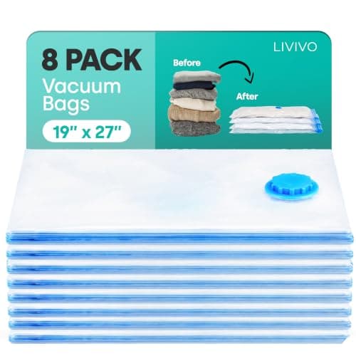 LIVIVO 8 Pack Vacuum Storage Bags - Medium Vacuum Bags for Travel Storage - Vacuum Pack Bags for Clothes, Storage, Travel, Bedding, Duvets & Pillows – Airtight, Waterproof Compression Pouches (Blue)