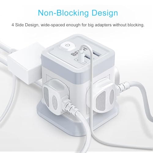 3M Extension Lead Cube With USB, BEVA 4 Gang Extension Socket With 3 USB Ports, Power Strip With Switch Multi Plug Extension with 3 Metre Long Cable For Home Office Travel — view 3