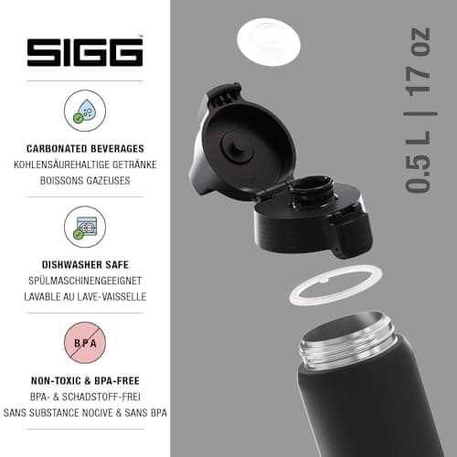 Sigg - Stainless Steel Insulated Water Bottle - Shield Therm One - Suitable for Carbonated Beverages - Leakproof - Dishwasher Safe - BPA Free - 90% Recycled - for the Outdoor - Black - 0.5L — view 3