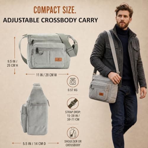 W&G traveler Rfid Blocking Crossbody Bag, Messenger Work Bag with Water Bottle Holders, 13 inch Shoulder Laptop Bag for School, Travel, Tool, Commute, Camera, Grey — view 2