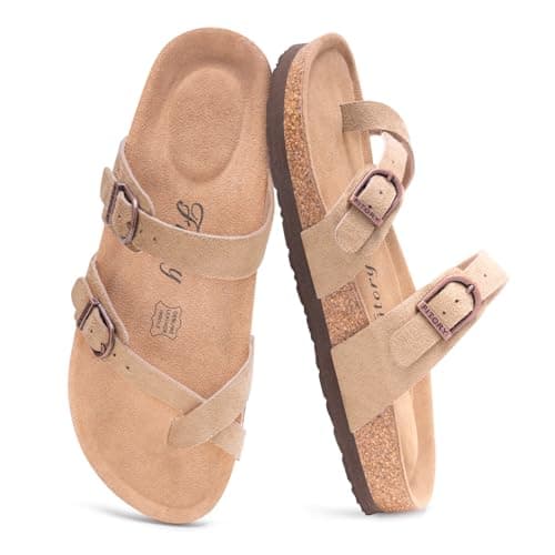 FITORY Women's Leather Sandals Comfort Cork Footbed Suede Taupe Size 7