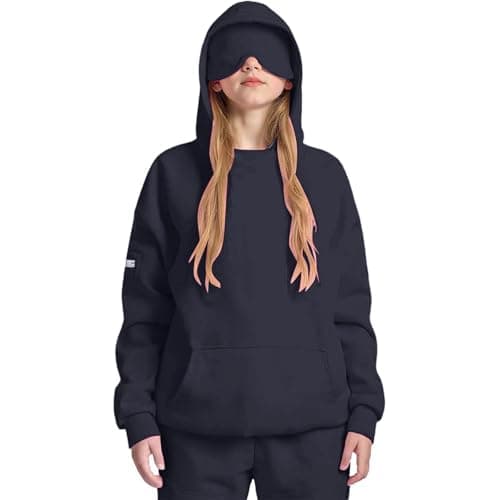Mrat Kids Travel Hoodie with Eye Mask Built In Boys Girls Comfort Airplane Mode Travel Hoodies Long Sleeve Sweatshirt Pullover Autumn Winter Thermal Fleece Tops Activewear Unisex for Age 5-14 Years