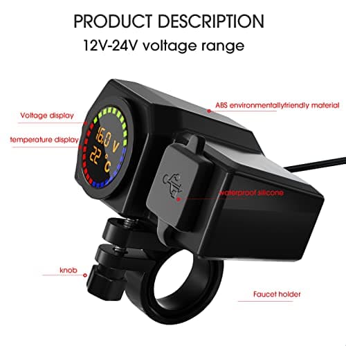 Motorcycle USB Charger Waterproof, Dual Quick Charge Ports - 5V 3.4A/3A USB and Type-C PD, Motorbike Handlebar Adapter Charger Socket with Power Switch, Voltmeter & Thermometer for Phone, Tablet, GPS — view 3