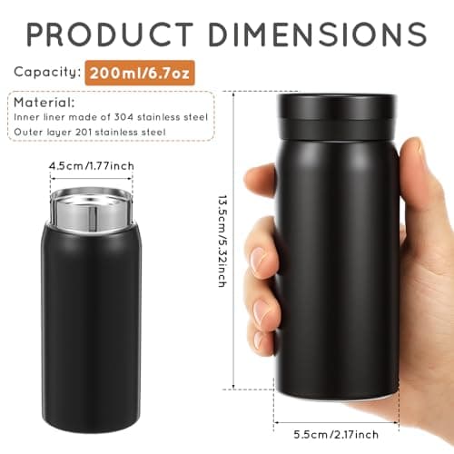 Mini Insulated Stainless Steel Water Bottle, 200ml Leak Proof Travel Tumbler for Coffee Tea Hot and Cold Beverage,Portable Pocket Flask for Adult and Kid Home School Office Camping(Black) — view 2