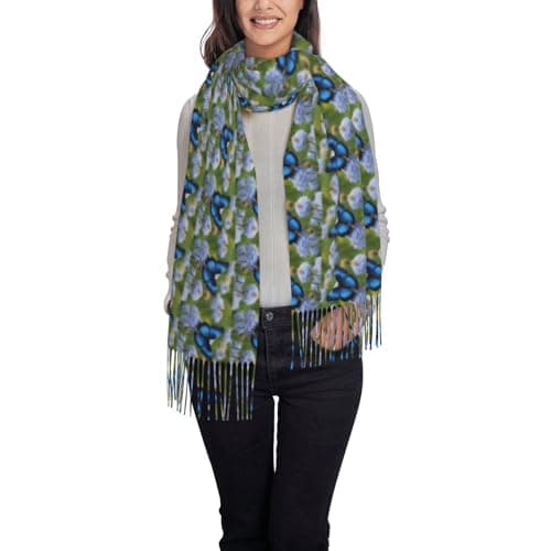 Blue Butterfly Print Elegant Fringe Scarf Shawl Wrap For Women Winter Fall Spring Travel Accessory Gift