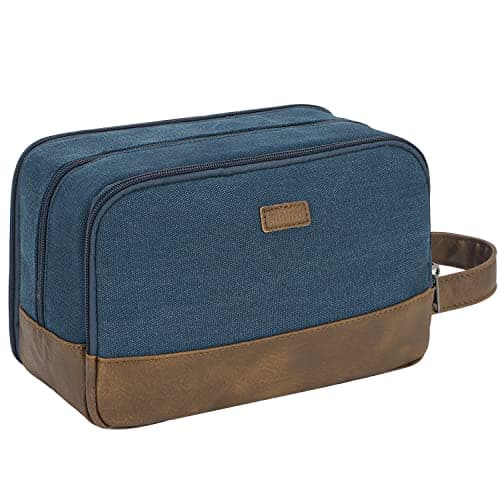 WANDF Toiletry Bag for Men, Travel Wash Bag with Handle, Water-Resistant Canvas Shaving Organiser, SBS Metal Zipper Dopp Kit for Makeup Bathroom Gym (Blue)